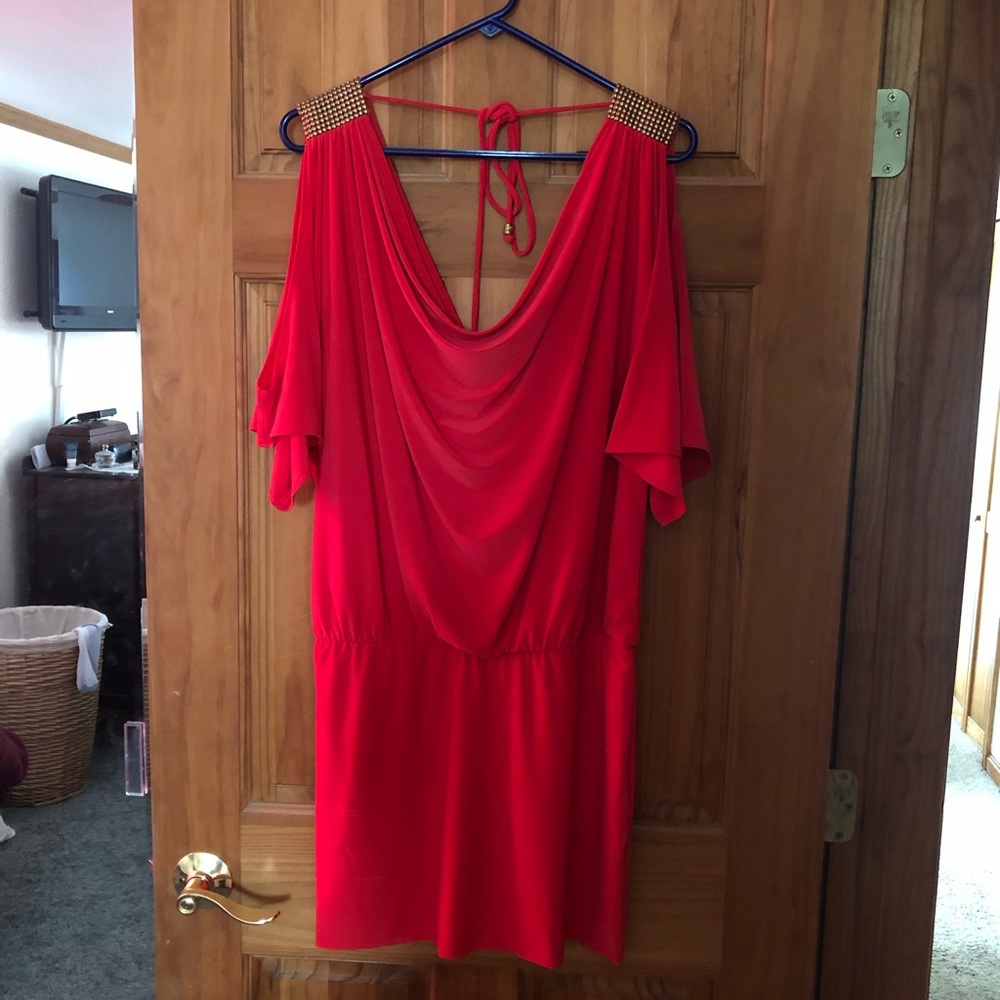 Cache Red Draped Cold-Shoulder Midi Dress with Gold-Stud Accents